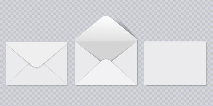 Set of white envelopes. Blank open and closed envelopes mockup. Empty template for branding identity design, mail presentation, for office messages or documents sending. Realistic vector illustration