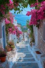 Naklejka premium Photo réaliste d’un village côtier grec ensoleillé, avec des ruelles pavées de pierre, des maisons blanches, et des bougainvilliers colorés