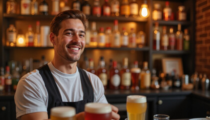 Cheerful bartender smiling behind bar counter, welcoming atmosphere