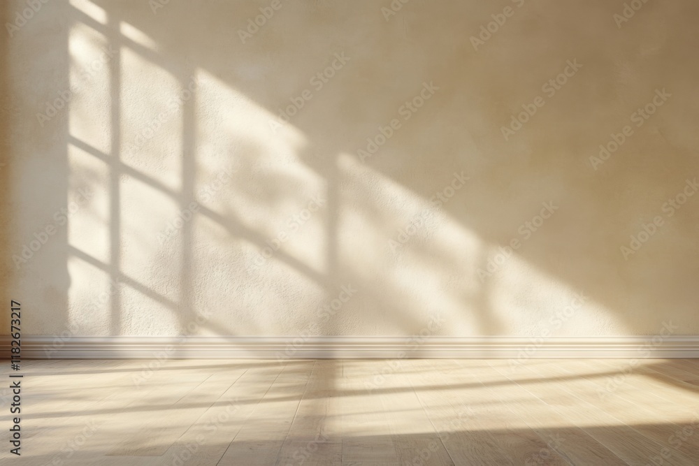 Poster soft sunlight filters through a window casting shadows on a light-colored wall and floor in a tranqu