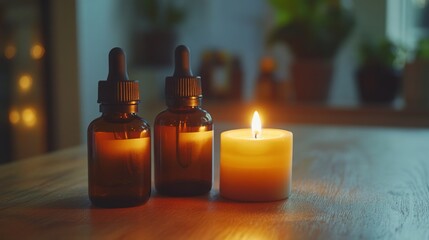 A therapist lighting candles and preparing essential oils for an aromatherapy massage in a cozy spa room, creating a relaxing environment for the client