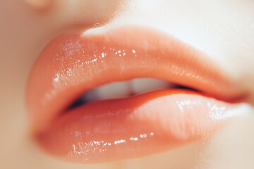 lose-up of glossy lips with a natural pink tint, emphasizing hydration and healthy beauty. Soft lighting highlights