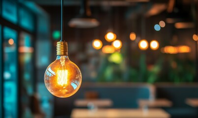 Light bulb hanging from a ceiling. The bulb is lit up and is the only source of light in the room