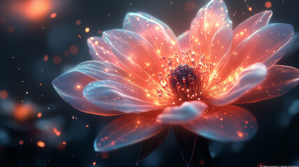 Glowing flower petals with magical sparkles on dark background, fantasy concept