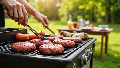 Hands grilling juicy burgers at Australian barbecue in garden, culinary delight