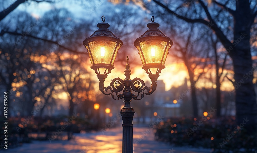 Canvas Prints Twilight park lamp, sunset glow, path, trees