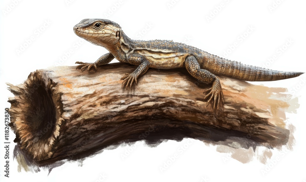 Poster lizard is sitting on a log. the lizard is small and has a long tail. the log is brown and has a roug