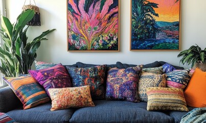Living room with a couch and two colorful paintings on the wall. The couch is covered in pillows of various colors and patterns