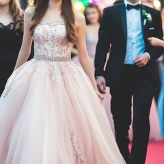 Naklejka premium Prom Night Glamour: A young couple, dressed to impress, walks hand-in-hand down a red carpet, radiating elegance and excitement as they embark on a magical evening.