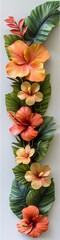 Fototapeta premium Vibrant arrangement of colorful tropical flowers and lush green leaves, showcasing nature's beauty and detail.