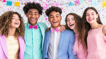 Joyful Celebration: Teenagers in pastel suits and dresses laugh together, confetti falling around them. A vibrant image of friendship and happiness. 