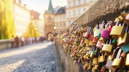 Obraz premium Prague Love Locks: A romantic close-up of colorful padlocks adorning a historic bridge in Prague, symbolizing enduring love and commitment. The sunlit cityscape creates a magical atmosphere.