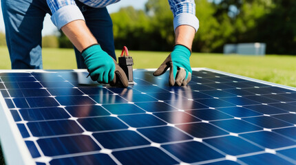 Technicians install solar panels to produce renewable energy, highlighting the efficient use of natural resources, eco-friendly practices, and cutting-edge technology in sustainable energy systems