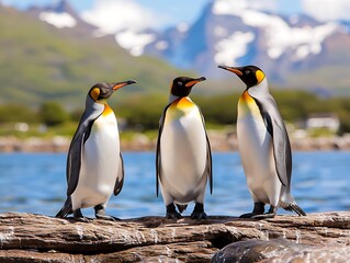 Fototapeta premium Three king penguins standing together on a rock near the water with mountains in the background.