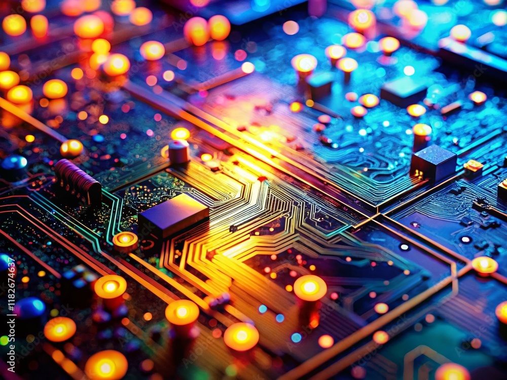 Poster abstract high-tech virtual background: macro photography of futuristic circuitry