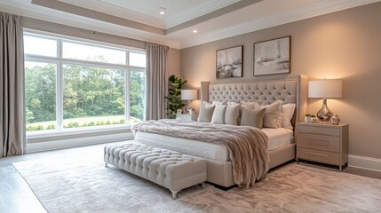 A designer staging a bedroom for sale, showcasing contemporary furniture with soft tones, simple accessories, and a clean, spacious feel