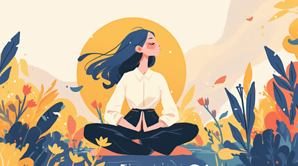 Woman practicing mindfulness meditation surrounded by colorful flowers and plants during a serene day.