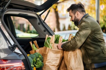 A man unloads fresh groceries from his car in an urban setting on a sunny autumn day
