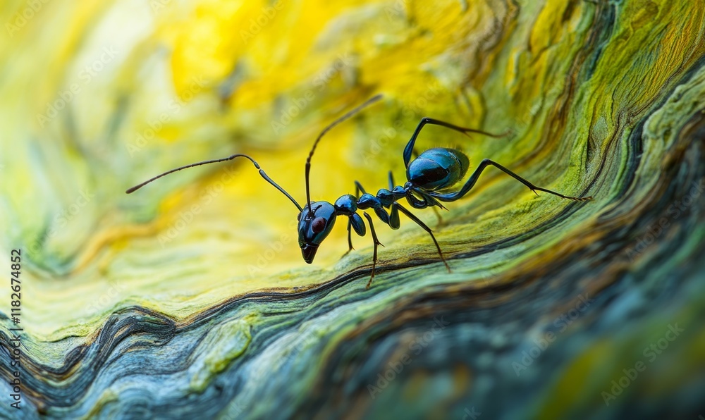 Poster macro shot of an ant navigating bark terrain with a vibrant green backdrop