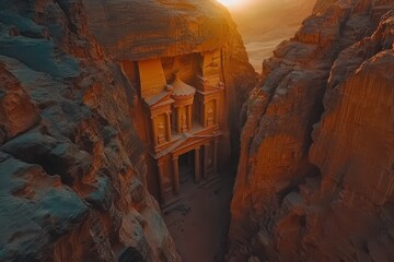 Majestic ancient architecture emerges from red sandstone cliffs at sunset in a breathtaking desert...