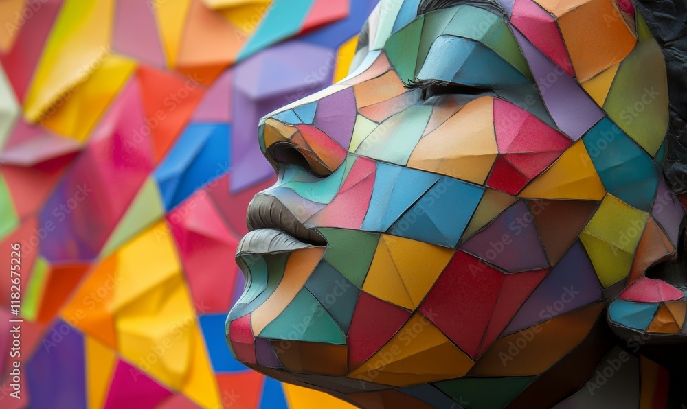 Poster face with origami patterns on multicolored background sybolizing multiculturalism, equality, diversi