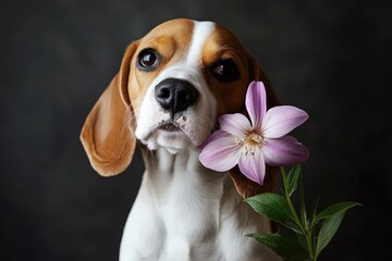 Charming Beagle Pet Posing with a Flower Against a Bright Studio Background