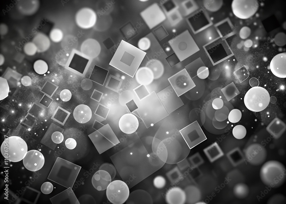 Poster abstract monochrome geometric background: deformed squares & circles with bokeh effect