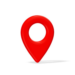 3d red plastic map location pointer with shadow isolated on transparent background. Destination pin rotated 15 degrees.