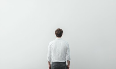 Man standing backwards with his head facing right on a white background, banner space for textI