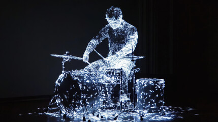 Drummer hologram. Holographic projection of the drummer. Flickering energy flux of particles. Scientific drummer design