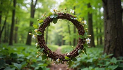 Intricately woven vine crown with flowers in serene forest, nature's beauty