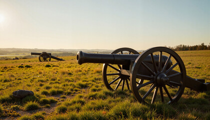 Civil War artillery displayed in golden sunset field, historical reflection