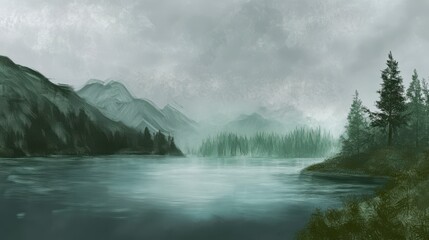 Misty Mountain Lake: A Serene Landscape Painting
