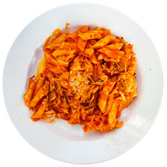 Delicious baked gratin macaroni with cheese served on plate. Isolated over white background