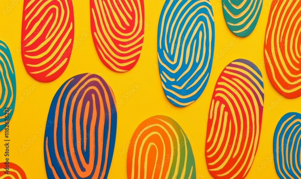 Poster fingerprint pattern with colorful stripes on yellow background representing diversity
