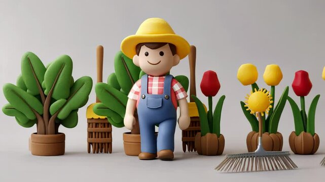 Playful 3D Cartoon Farmer Character in a Colorful Garden Animation