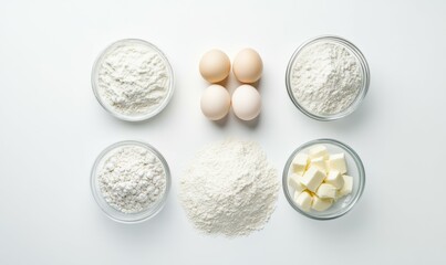 Flour, eggs, butter, products for preparing dough for baking. Top view.