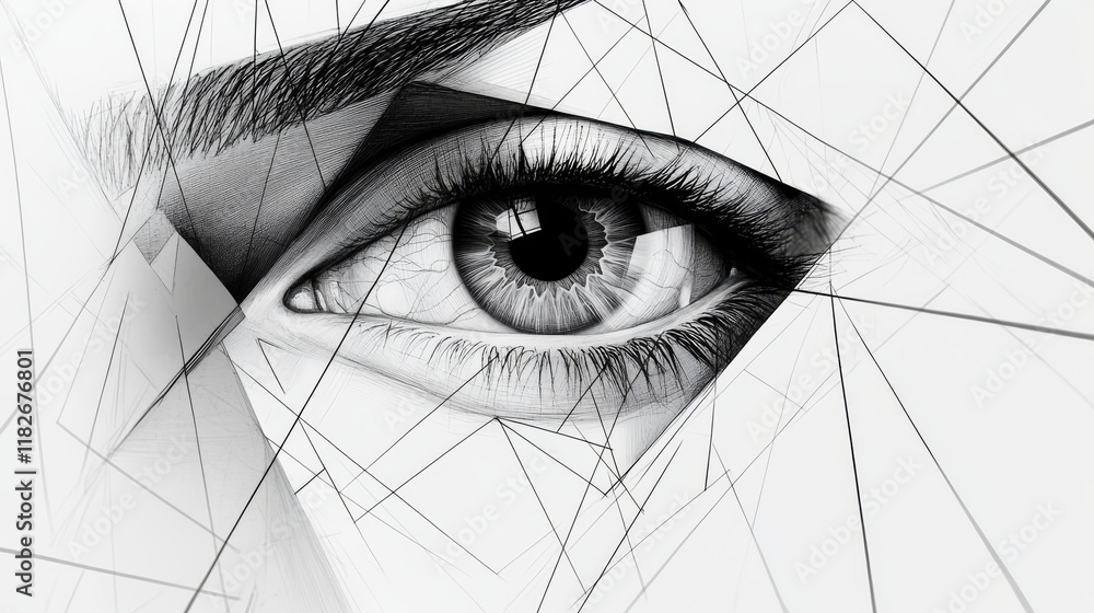 Poster hologram eye. eye made of polygons, triangles, dots, and lines. low-poly eye structure of connection