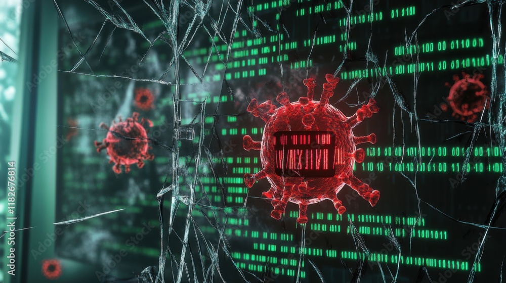 Poster digital representation of a virus invasion amidst computer code highlighting cybersecurity threats