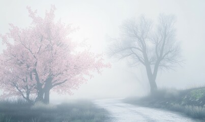 Foggy morning walk through blossoming cherry trees.