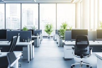 Modern open plan office with natural light. Bright workspace with computers, chairs, and plants. Corporate environment for productivity and collaboration. City view.
