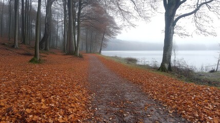 Autumn Path Beside Misty Lake In Wooded Area