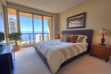 Fototapeta premium Elegant Master Bedroom with Cozy Carpet and Inviting Balcony in an American Apartment