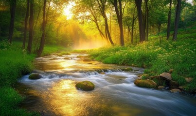 Obraz premium Misty sunrise in the woods with a calm river flowing through. Perfect for relaxation and rejuvenation.