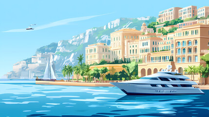 Stunning view of monaco coastline with luxurious architecture and vibrant blue sea. free copy space for text. Seafrost. Illustration