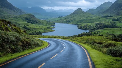 Fototapeta premium Scenic Irish Countryside Road Winding Through Green Mountains