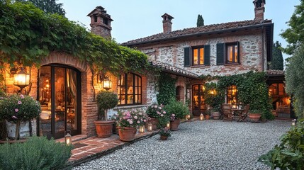 Italian Stone Villa Courtyard Evening Ambiance