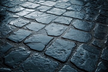 Wet cobblestone pavement reflecting light at night in an urban environment