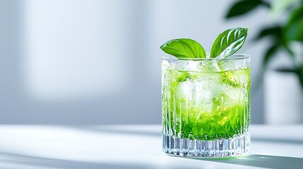 Refreshing basil drink with ice in a glass, sunlight.