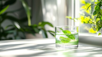 Refreshing glass of iced water with mint leaves on a sunlit windowsill.